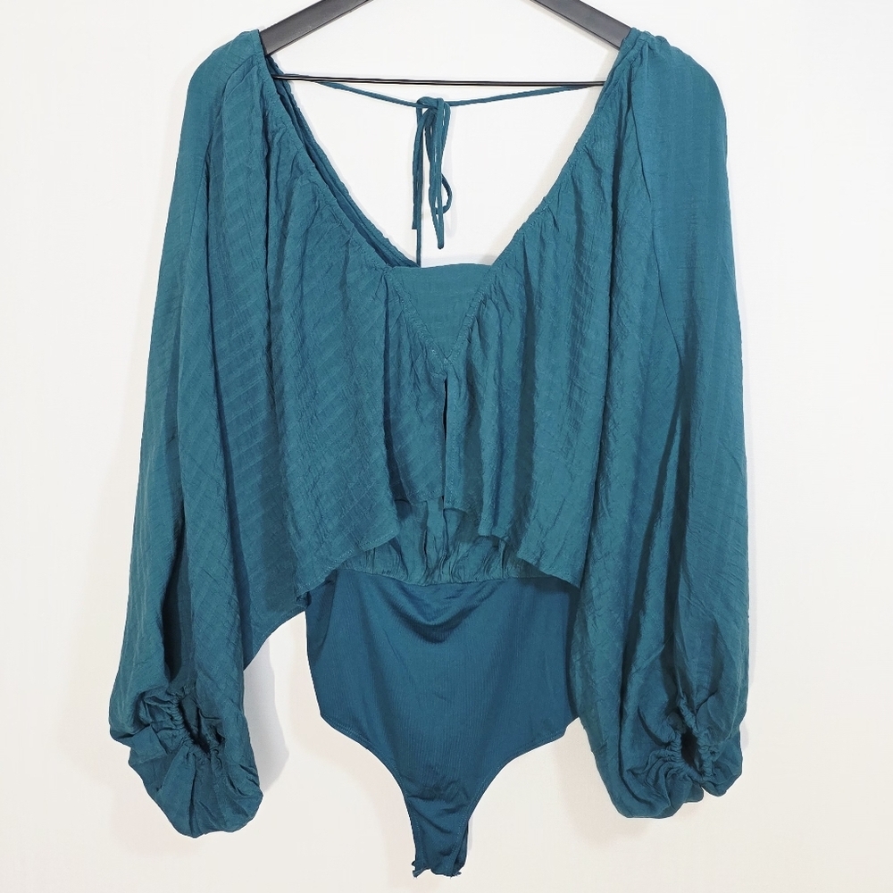 White Birch Green Bohemian Layer Open Dolman Sleeve Women Bodysuit Blouse Size S